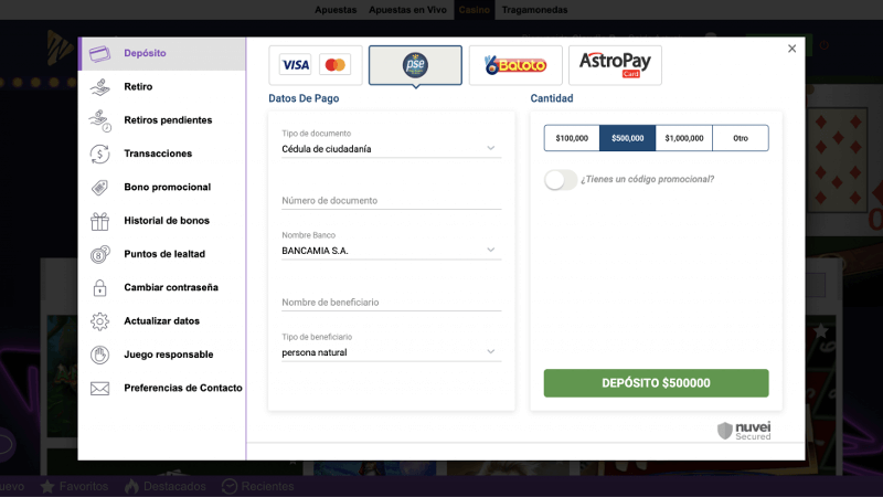 Depósito en Wplay casino con PSE